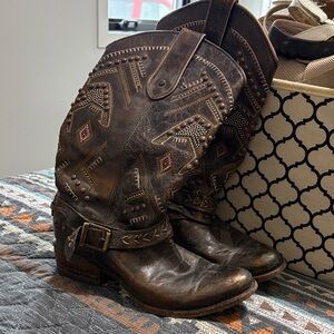 Distressed Brown Studded Western Heeled Boots